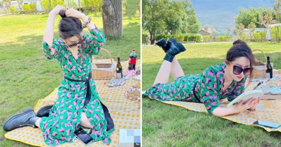 35歲劉亦菲曬戶外野餐照，穿綠色長裙盡顯優雅，趴草地上愜意自在